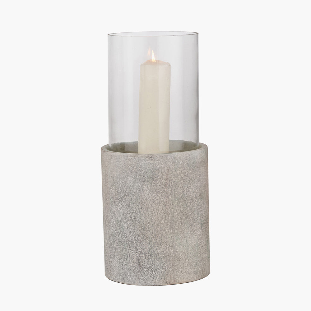 Stone Grey Metal and Clear Glass Hurricane Lantern