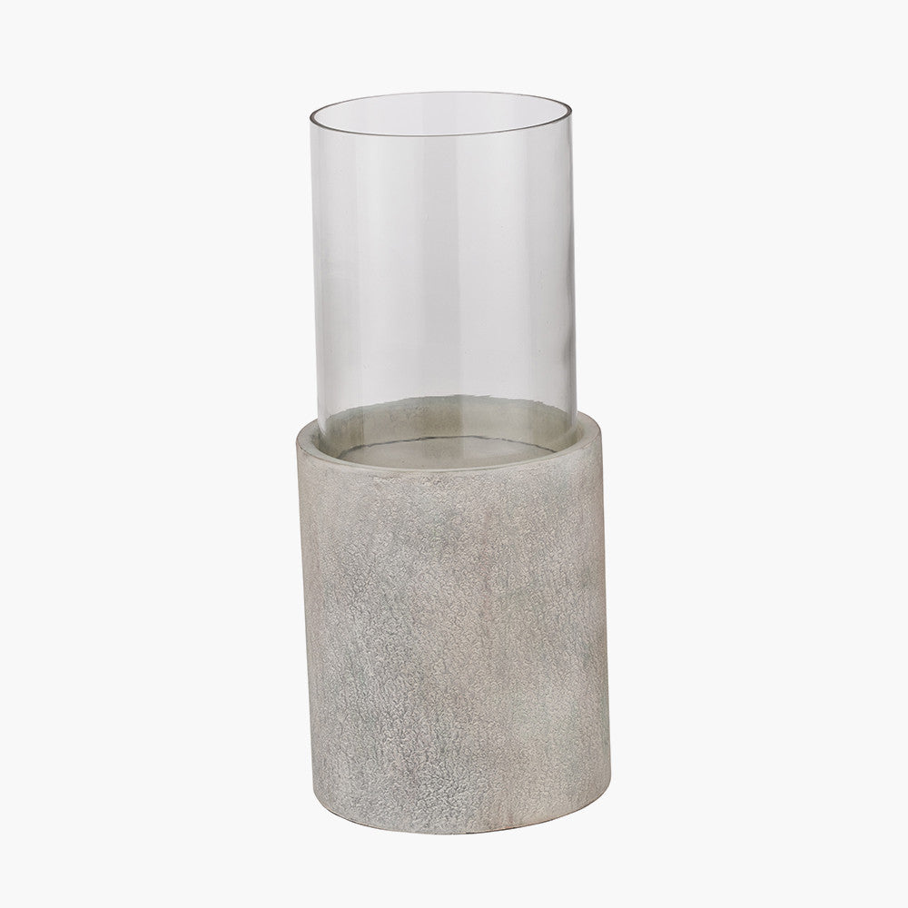 Stone Grey Metal and Clear Glass Hurricane Lantern