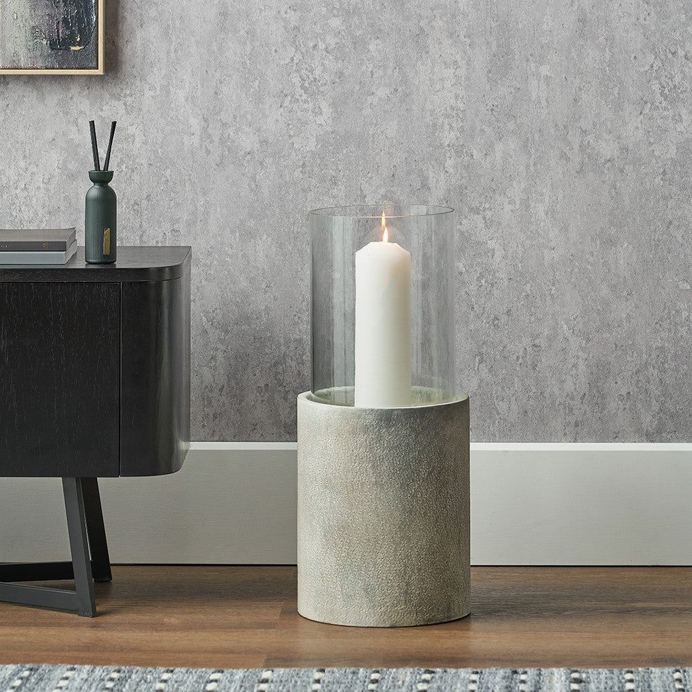 Stone Grey Metal and Clear Glass Hurricane Lantern