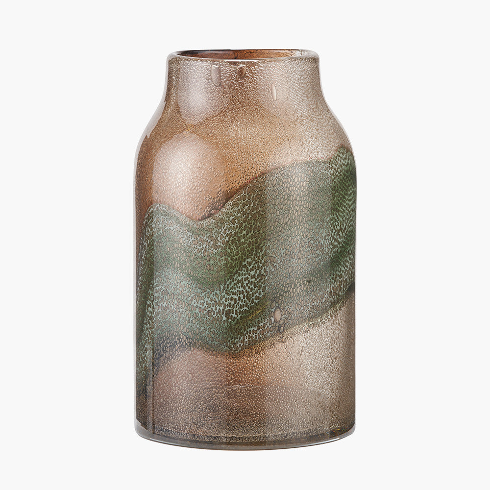 Hand-Blown Valtellina Brown and Green Glass Vase with Bubble Finish