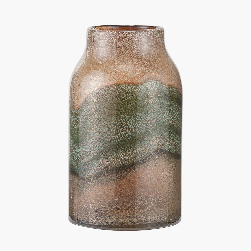 Hand-Blown Valtellina Brown and Green Glass Vase with Bubble Finish