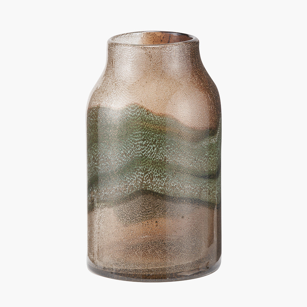 Hand-Blown Valtellina Brown and Green Glass Vase with Bubble Finish