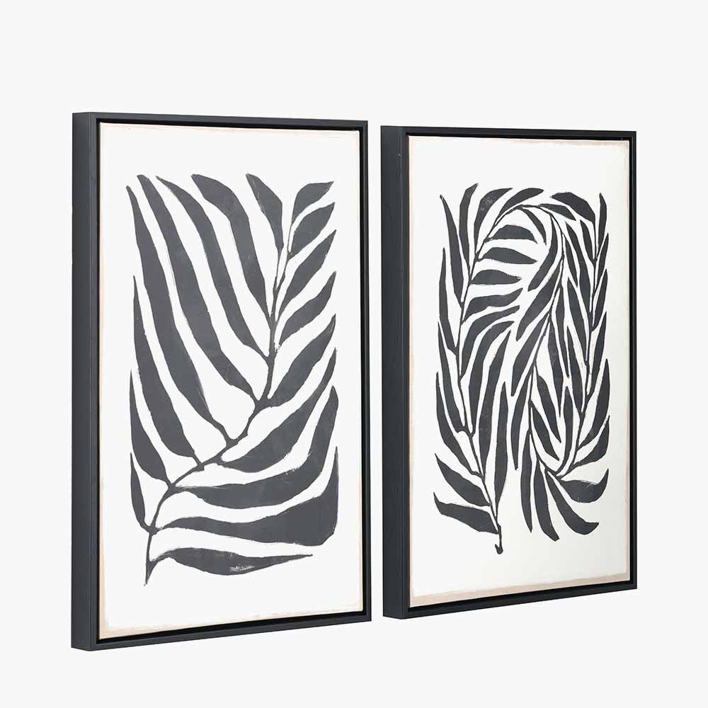 Set of 2 Monochrome Black Leaf Print Canvases with Black Frames