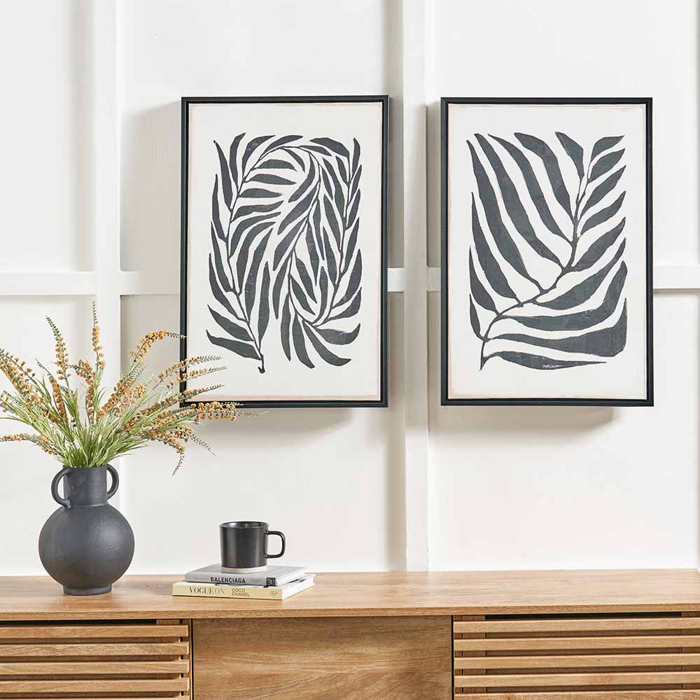 Set of 2 Monochrome Black Leaf Print Canvases with Black Frames