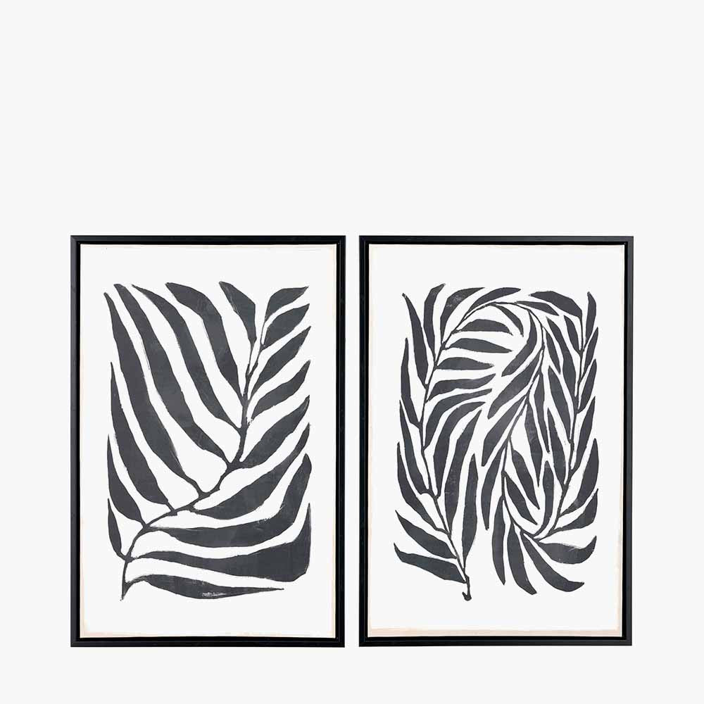 Set of 2 Monochrome Black Leaf Print Canvases with Black Frames