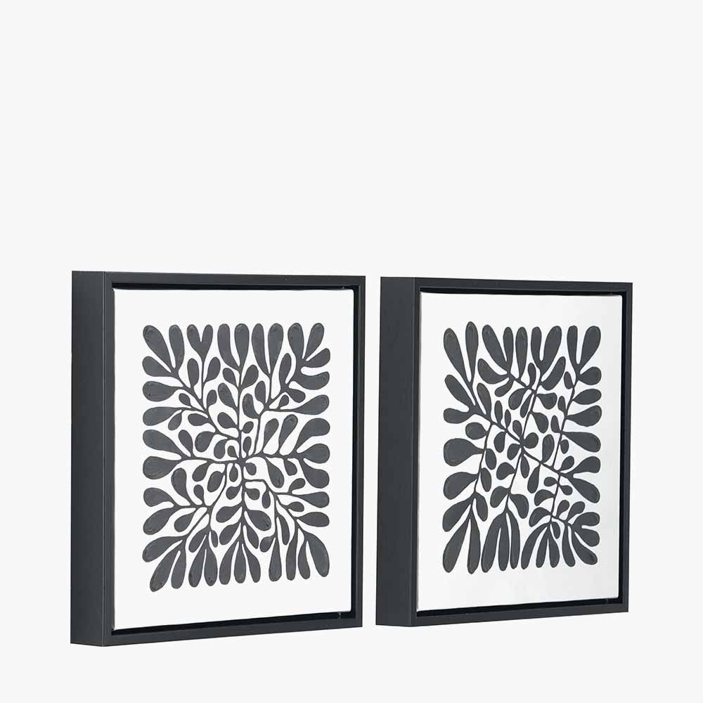 Set of 2 Black Leaf Print Square Canvases with Black Frames
