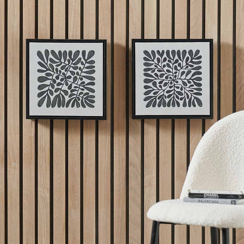 Set of 2 Black Leaf Print Square Canvases with Black Frames