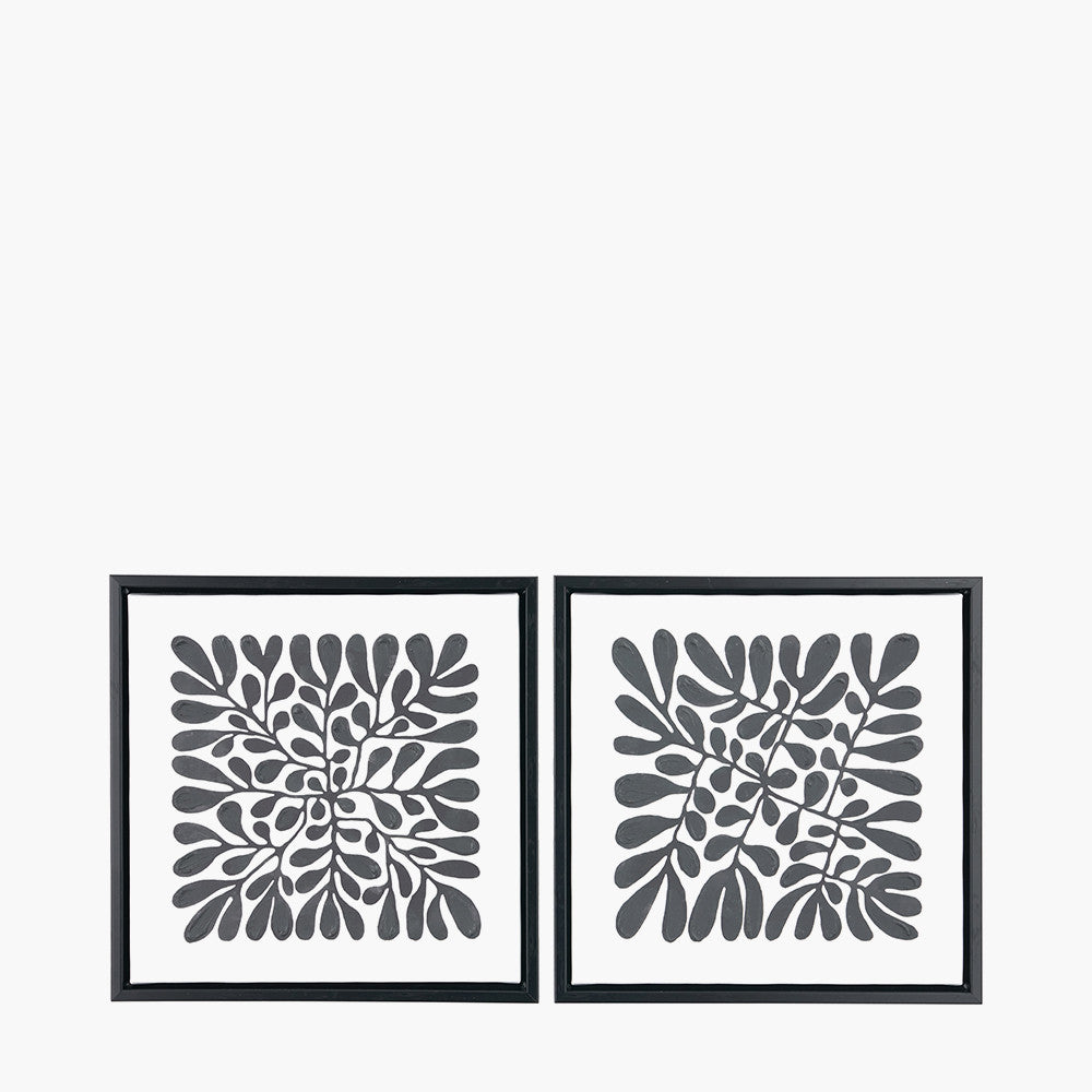 Set of 2 Black Leaf Print Square Canvases with Black Frames