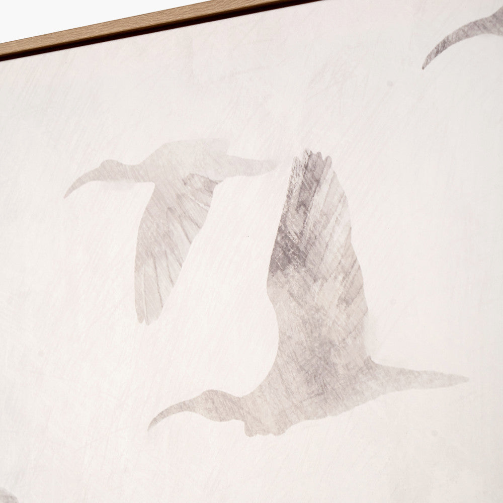 Set of 3 Natural and White Birds Canvases with Natural Frames