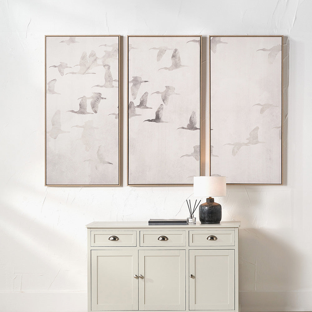 Set of 3 Natural and White Birds Canvases with Natural Frames