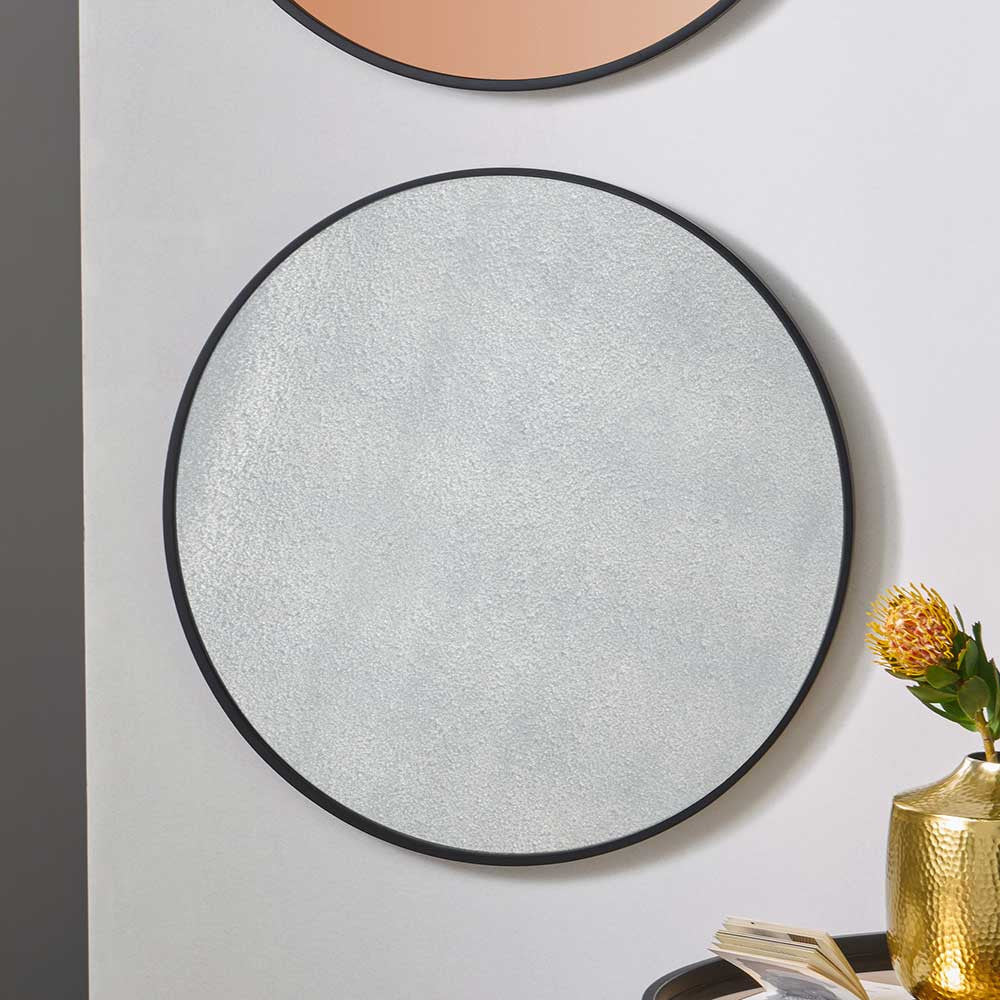 Black Wood Veneer and Foxed Glass Round Wall Mirror – Contemporary Elegance for Modern Homes