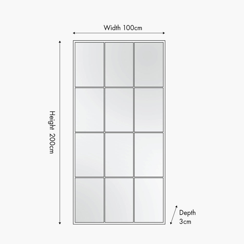 Dark Grey Metal 12 Section Floor Mirror – 200cm Industrial Window Style Leaner Mirror