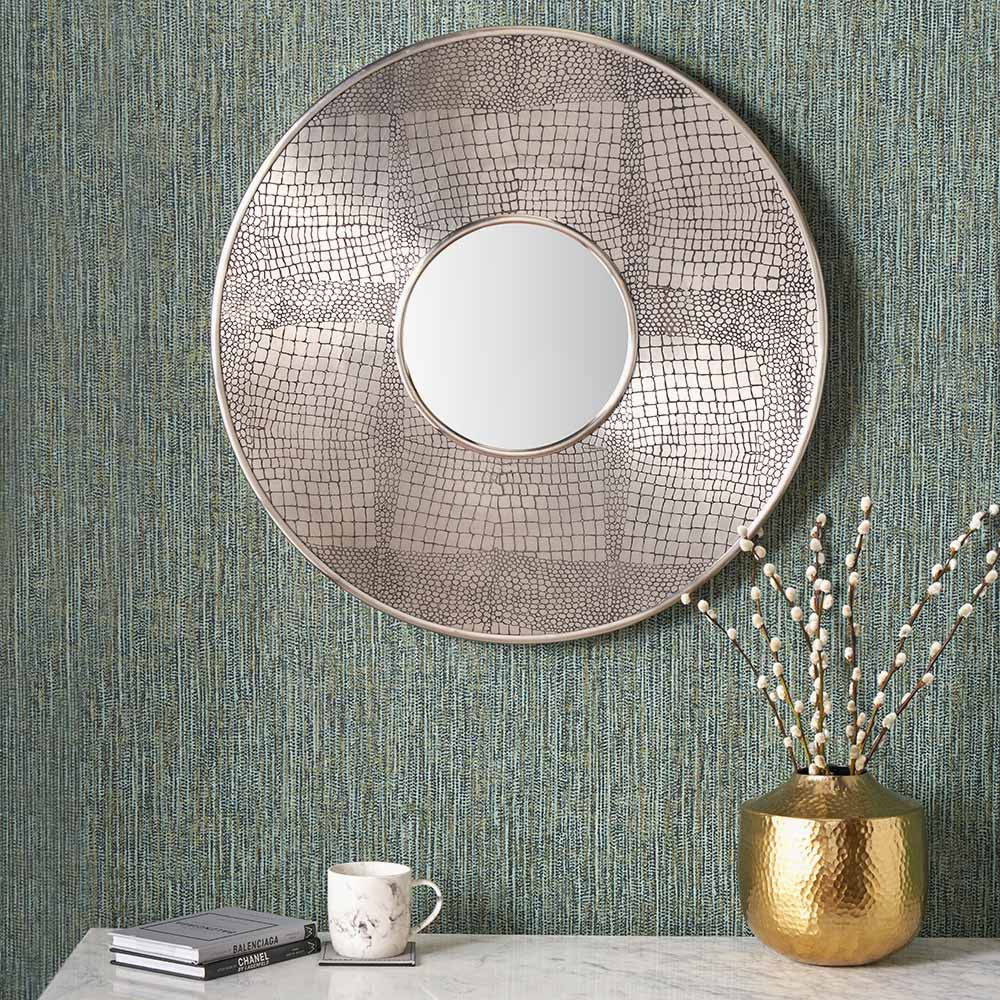 Antique Silver Metal Round Wall Mirror – Statement Croc Effect Design