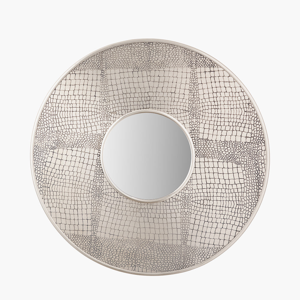 Antique Silver Metal Round Wall Mirror – Statement Croc Effect Design