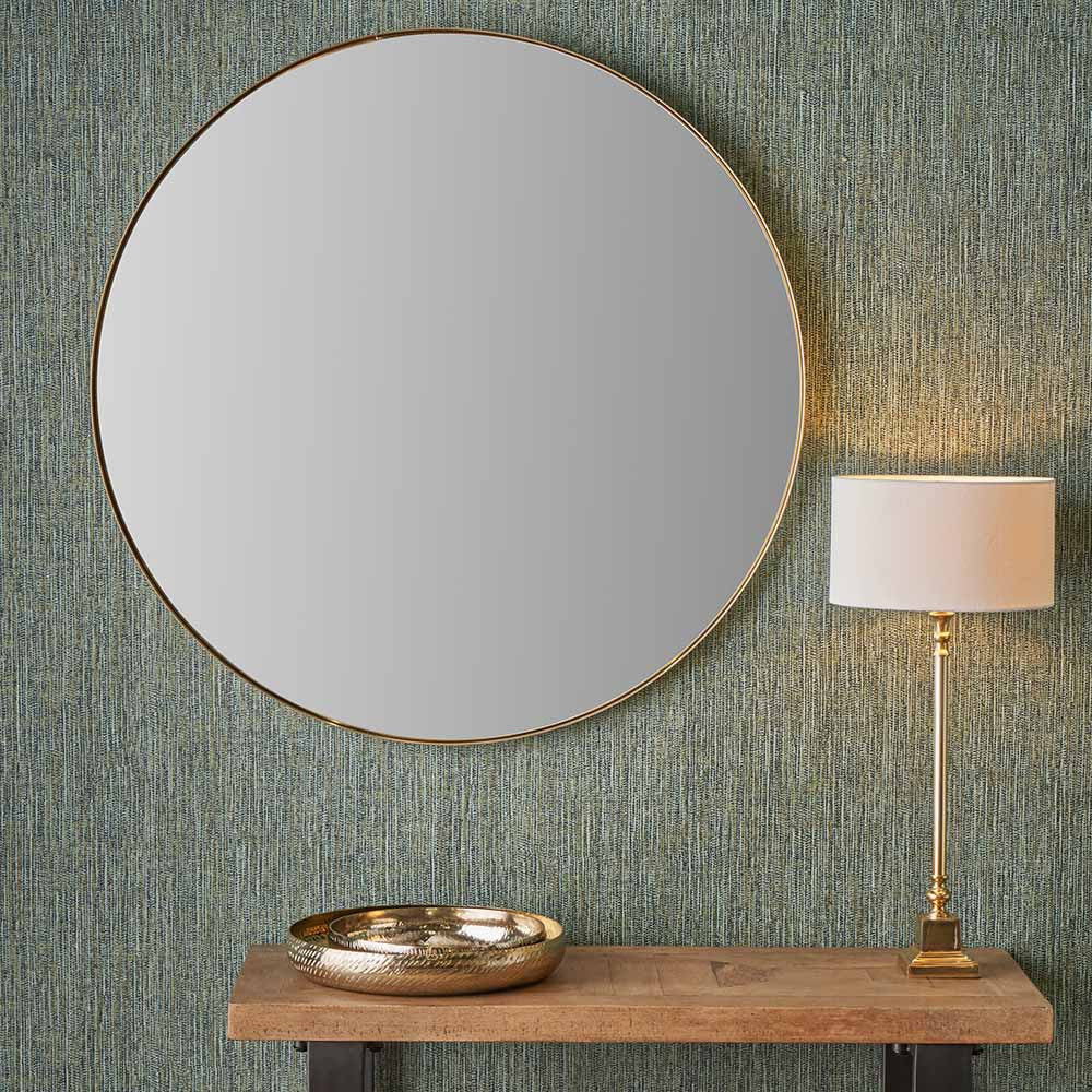 Brushed Gold Metal Slim Frame Round Wall Mirror Large – Modern Luxe Design