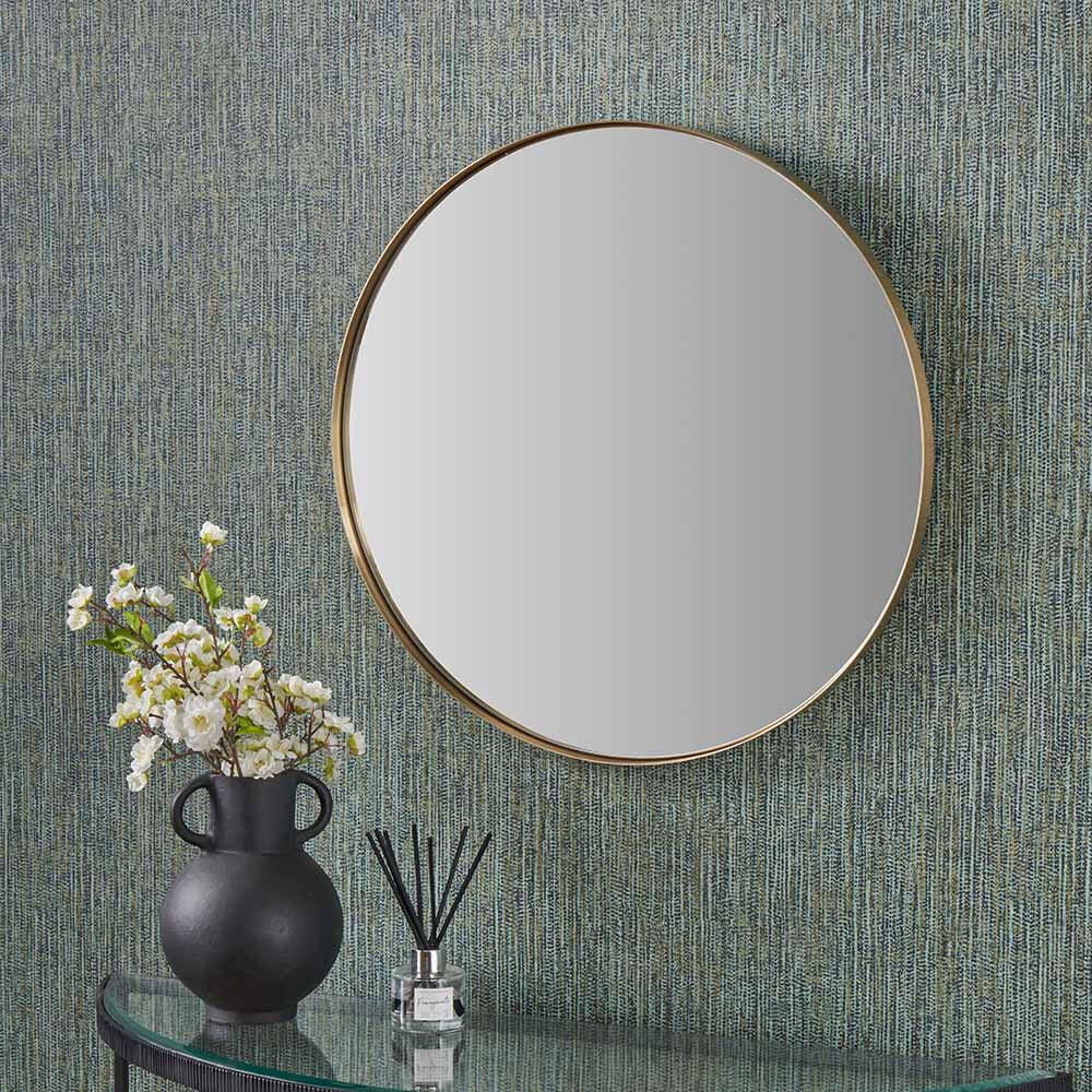 Brushed Gold Metal Slim Frame Round Wall Mirror Medium – Modern Luxe Design