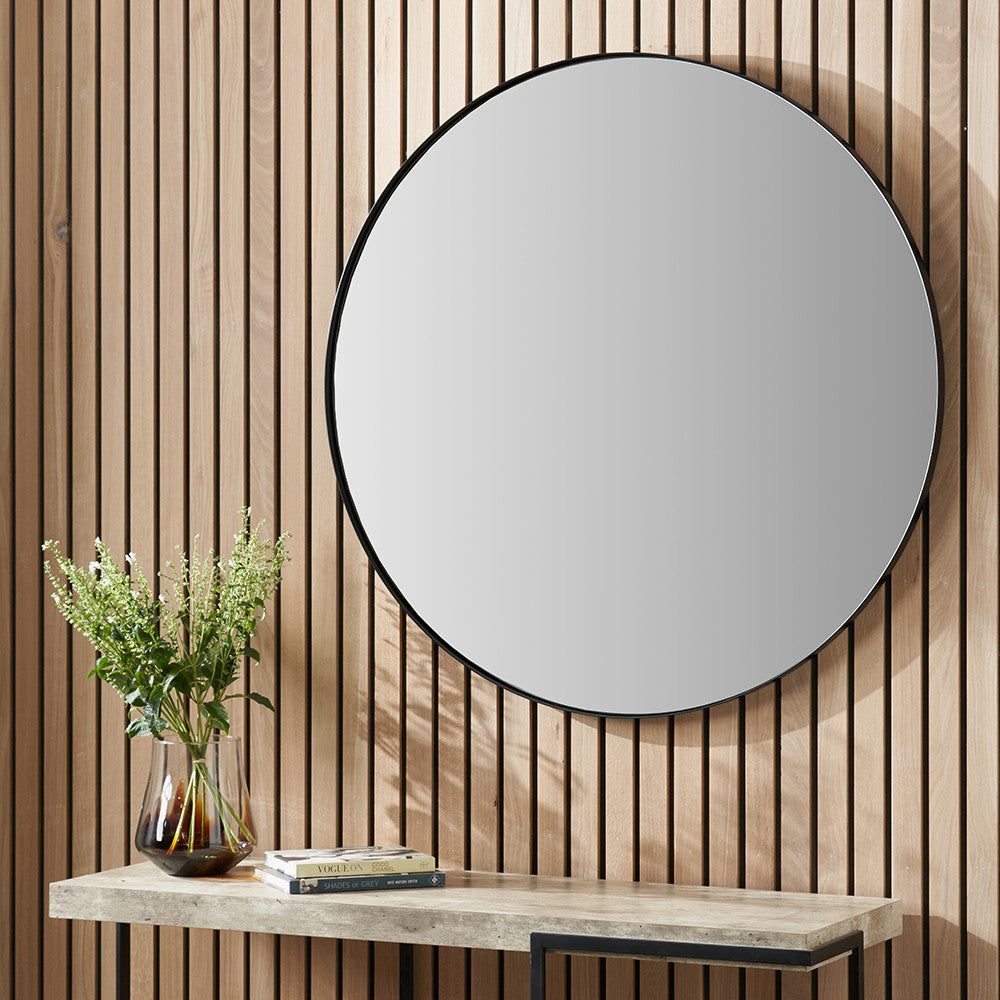 Black Metal Slim Frame Round Wall Mirror Large – Modern Statement Design