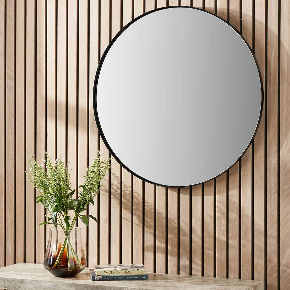 Black Metal Slim Frame Round Wall Mirror Medium – Modern Statement Design