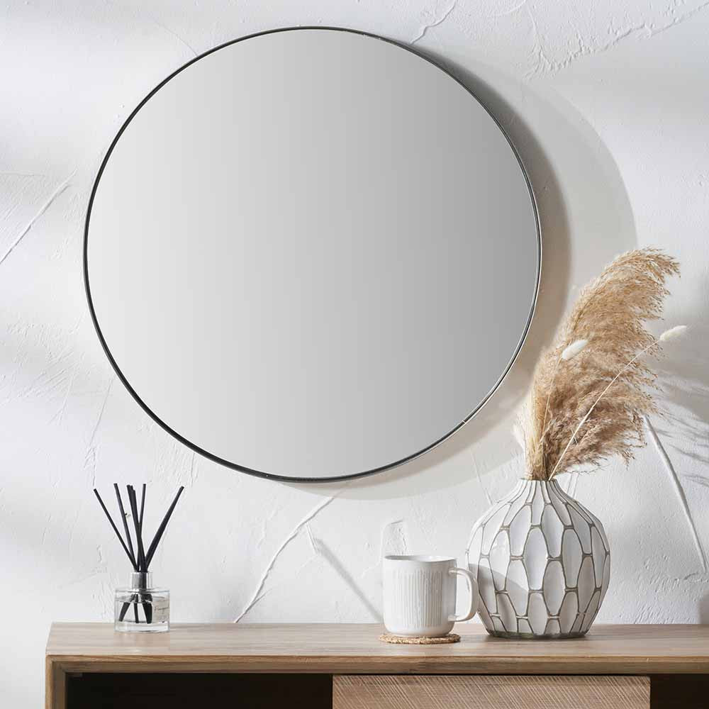Brushed Silver Metal Slim Frame Round Wall Mirror Medium - Modern Minimalist Design