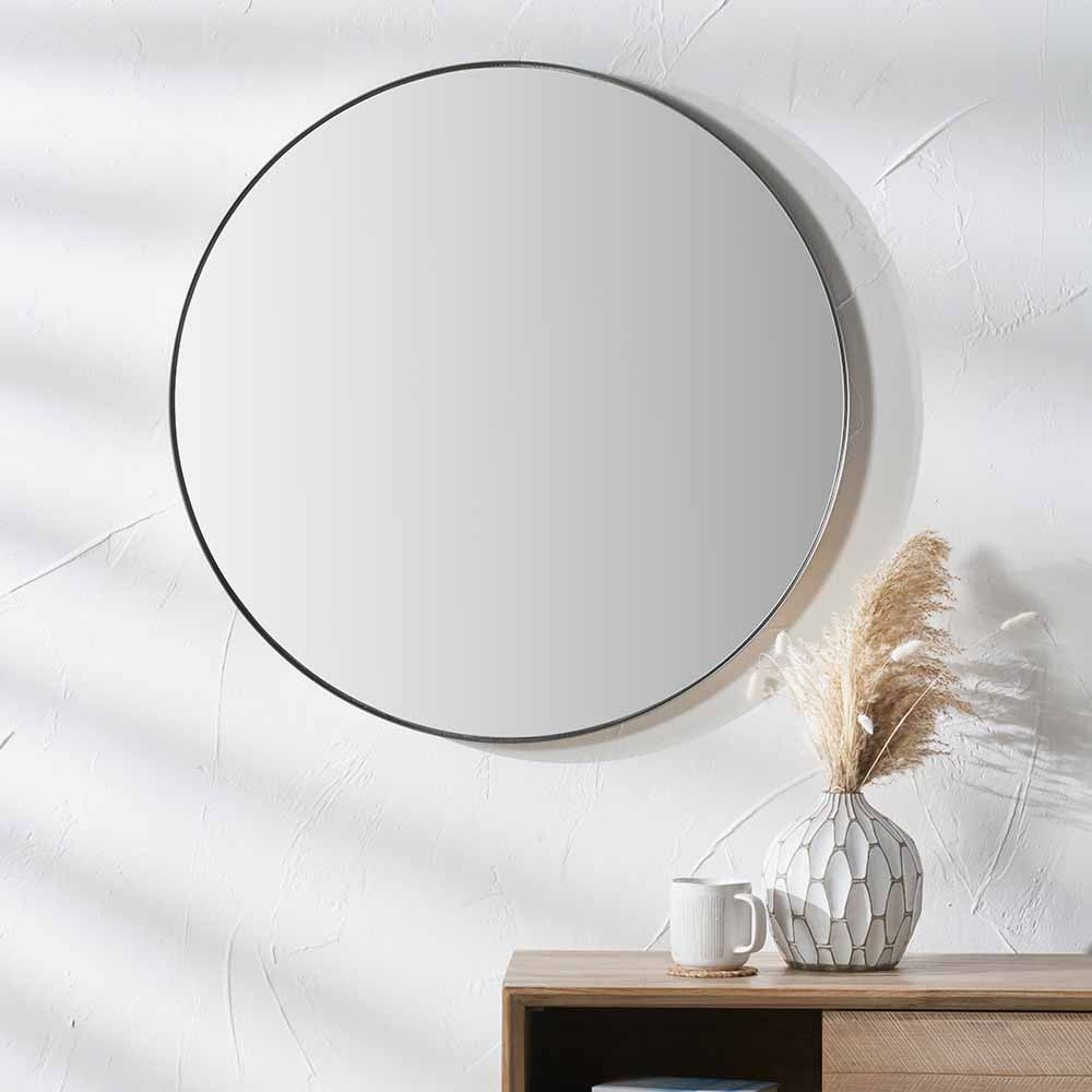 Brushed Silver Metal Slim Frame Round Wall Mirror Small - Modern Minimalist Design