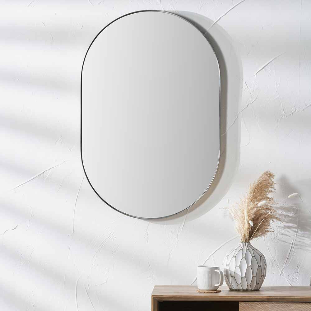 Brushed Silver Oval Wall Mirror – Slim Frame, Modern Minimalist Design