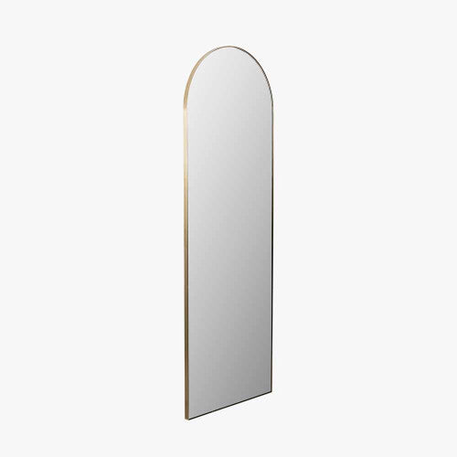 Brushed Gold Metal Slim Frame Arch Floor Mirror. Dimensions W70xD3xH200cm. This full-length mirror makes a bold statement, its arched shape and slim brushed gold frame blend contemporary style with classic charm. Shop online today at www.nobleandnook.co.uk