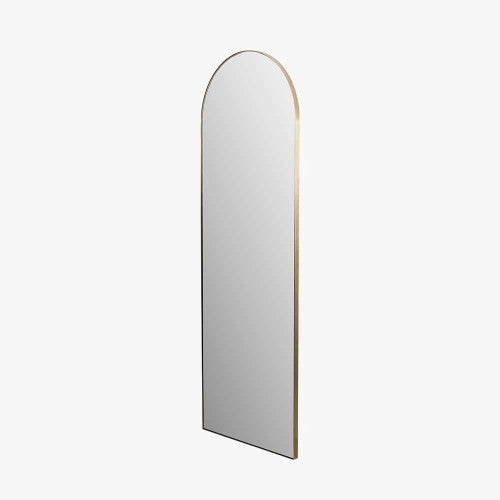 Brushed Gold Metal Slim Frame Arch Floor Mirror. Dimensions W70xD3xH200cm. This full-length mirror makes a bold statement, its arched shape and slim brushed gold frame blend contemporary style with classic charm. Shop online today at www.nobleandnook.co.uk