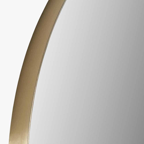 Brushed Gold Metal Slim Frame Arch Floor Mirror. Dimensions W70xD3xH200cm. This full-length mirror makes a bold statement, its arched shape and slim brushed gold frame blend contemporary style with classic charm. Shop online today at www.nobleandnook.co.uk