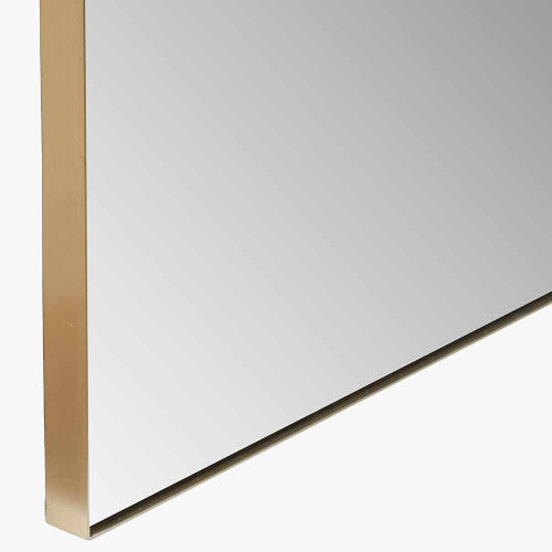 Brushed Gold Metal Slim Frame Arch Floor Mirror. Dimensions W70xD3xH200cm. This full-length mirror makes a bold statement, its arched shape and slim brushed gold frame blend contemporary style with classic charm. Shop online today at www.nobleandnook.co.uk