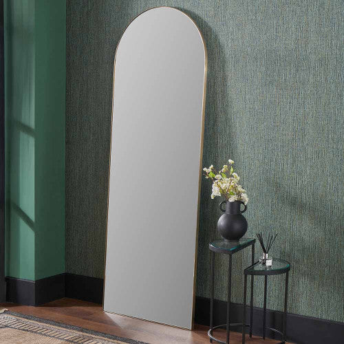 Brushed Gold Metal Slim Frame Arch Floor Mirror. Dimensions W70xD3xH200cm. This full-length mirror makes a bold statement, its arched shape and slim brushed gold frame blend contemporary style with classic charm. Shop online today at www.nobleandnook.co.uk