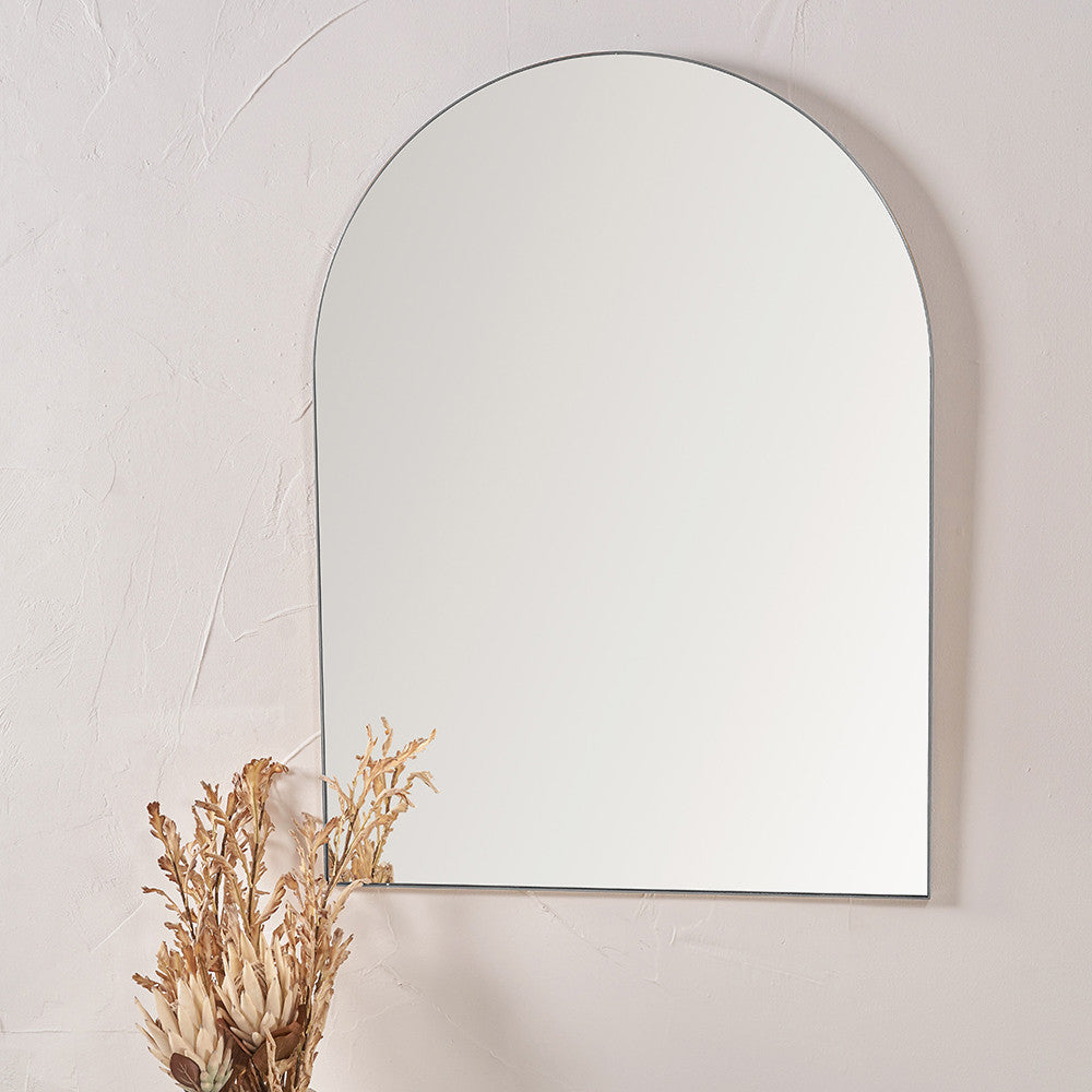 Brushed Silver Tall Arch Wall Mirror – Slim Metal Frame, Modern Industrial Design