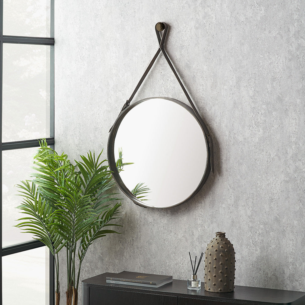 Peppercorn Leather Frame Round Wall Mirror – Sophisticated Modern Statement Piece