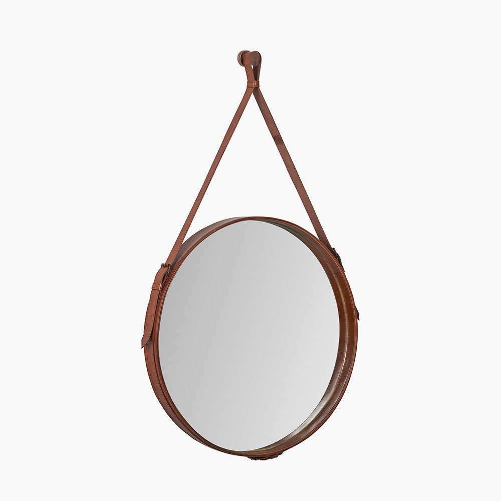 Vintage Brown Leather Frame Round Wall Mirror with Hanging Strap – Large Statement Mirror