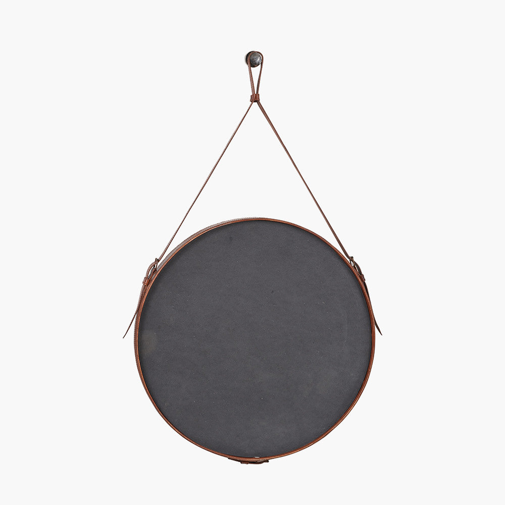 Vintage Brown Leather Frame Round Wall Mirror with Hanging Strap – Large Statement Mirror