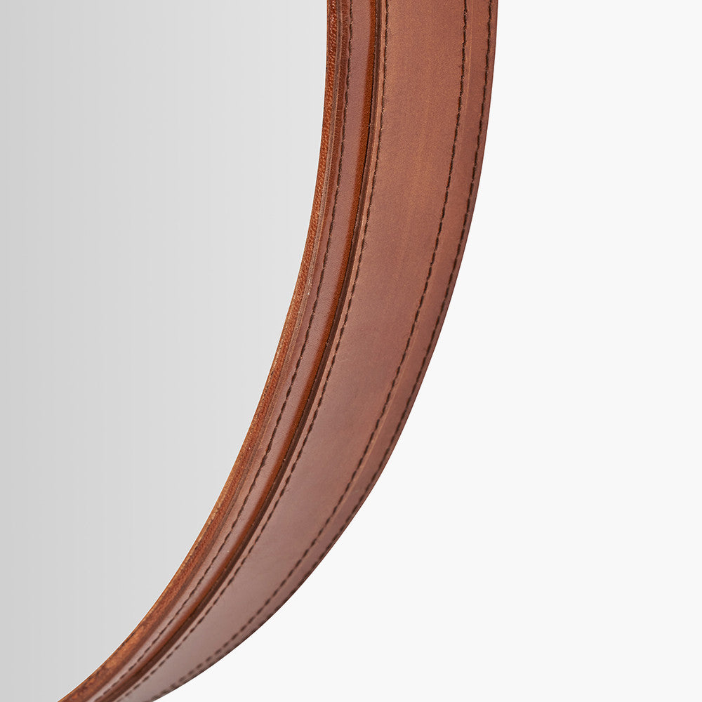 Vintage Brown Leather Frame Round Wall Mirror with Hanging Strap – Large Statement Mirror