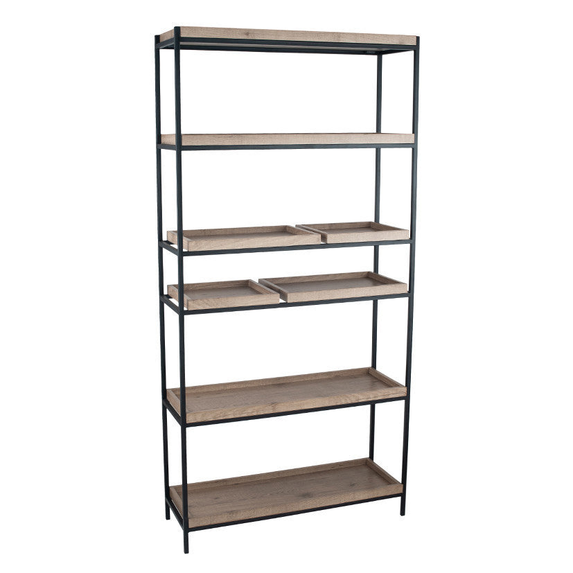 Introduce industrial elegance to your interior with the Gallery 5 Shelf Unit with a matte black metal frame with natural wood veneer shelves. W90xD31xH184cm. Fully Assembled. Available today at www.nobleandnook.co.uk
