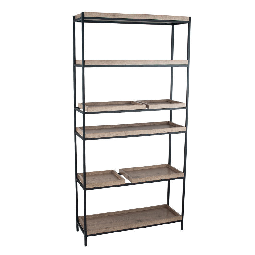 Introduce industrial elegance to your interior with the Gallery 5 Shelf Unit with a matte black metal frame with natural wood veneer shelves. W90xD31xH184cm. Fully Assembled. Available today at www.nobleandnook.co.uk
