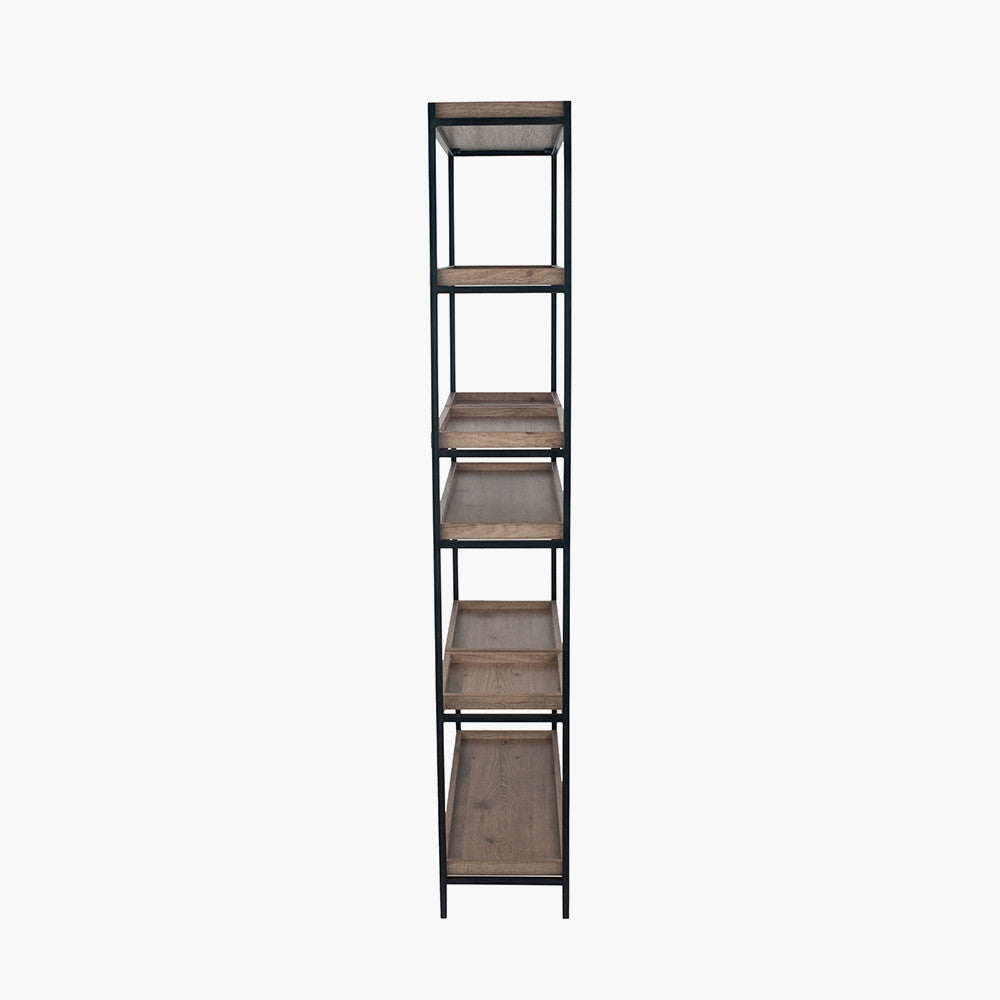 Introduce industrial elegance to your interior with the Gallery 5 Shelf Unit with a matte black metal frame with natural wood veneer shelves. W90xD31xH184cm. Fully Assembled. Available today at www.nobleandnook.co.uk