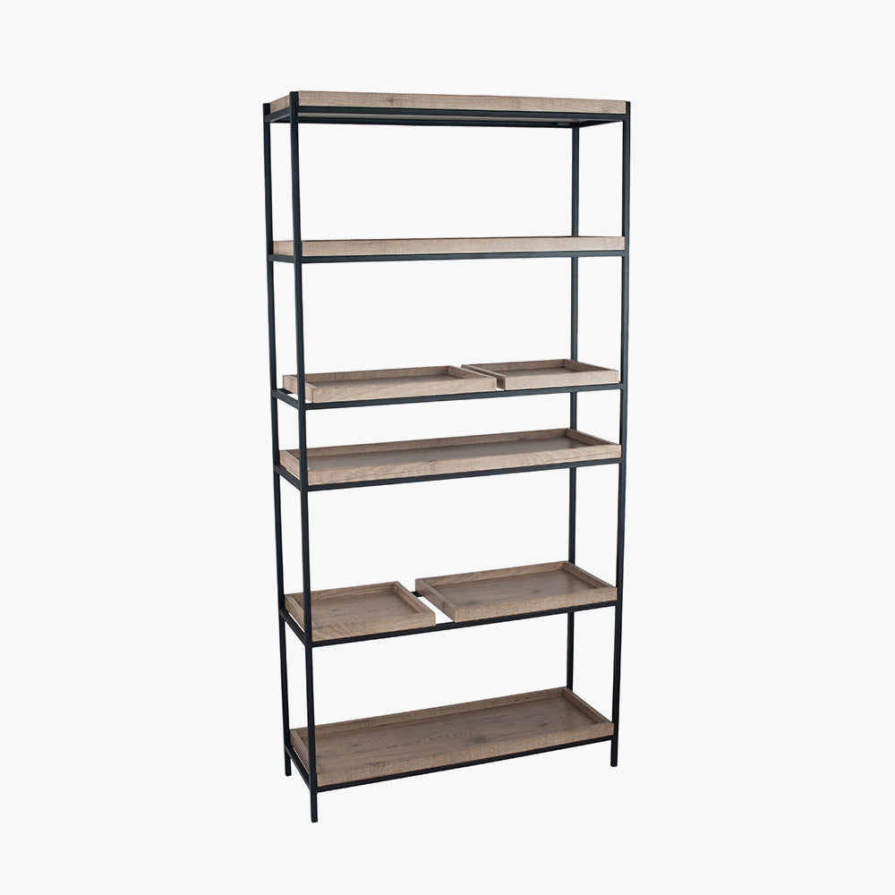 Introduce industrial elegance to your interior with the Gallery 5 Shelf Unit with a matte black metal frame with natural wood veneer shelves. W90xD31xH184cm. Fully Assembled. Available today at www.nobleandnook.co.uk