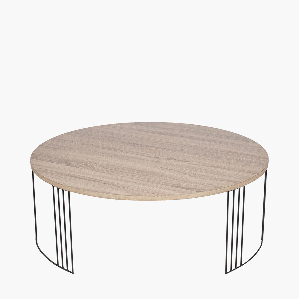 Atri Dark Oak Wood Veneer and Black Metal Coffee Table – Modern Square Statement Table