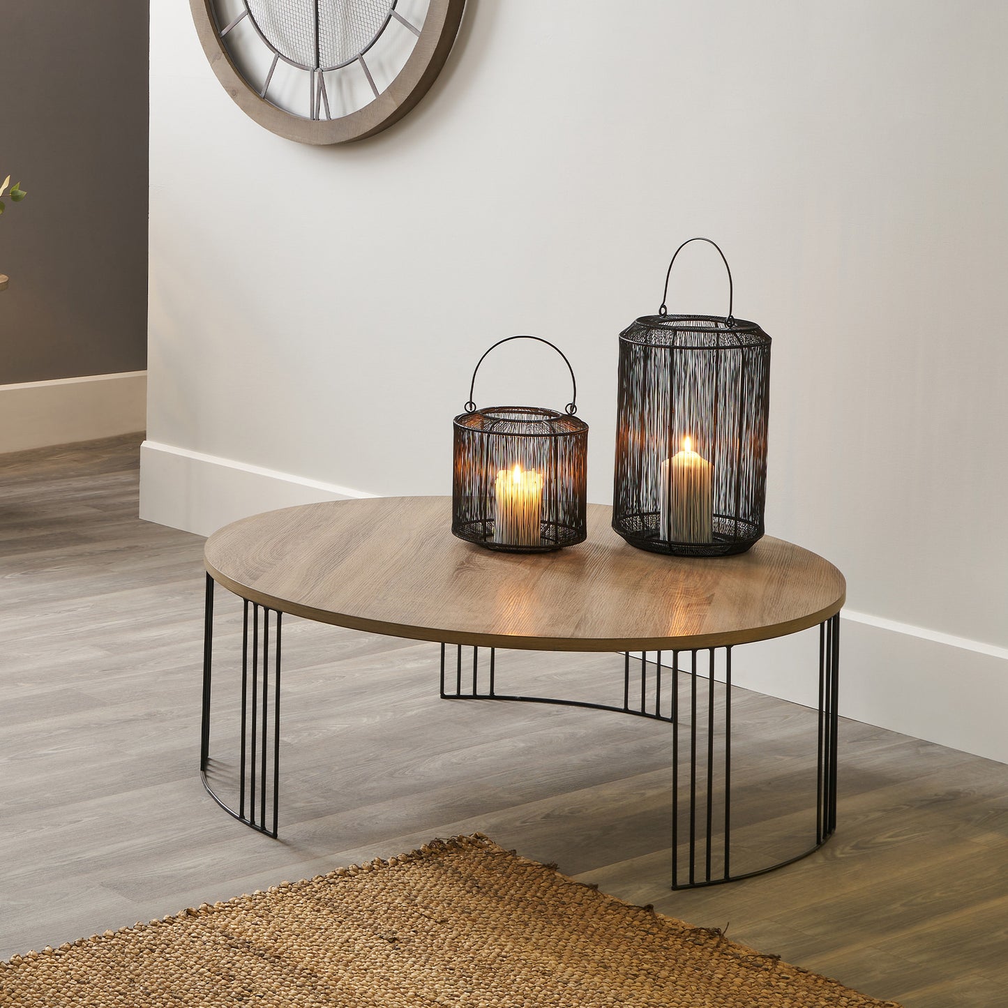 Atri Dark Oak Wood Veneer and Black Metal Coffee Table – Modern Square Statement Table