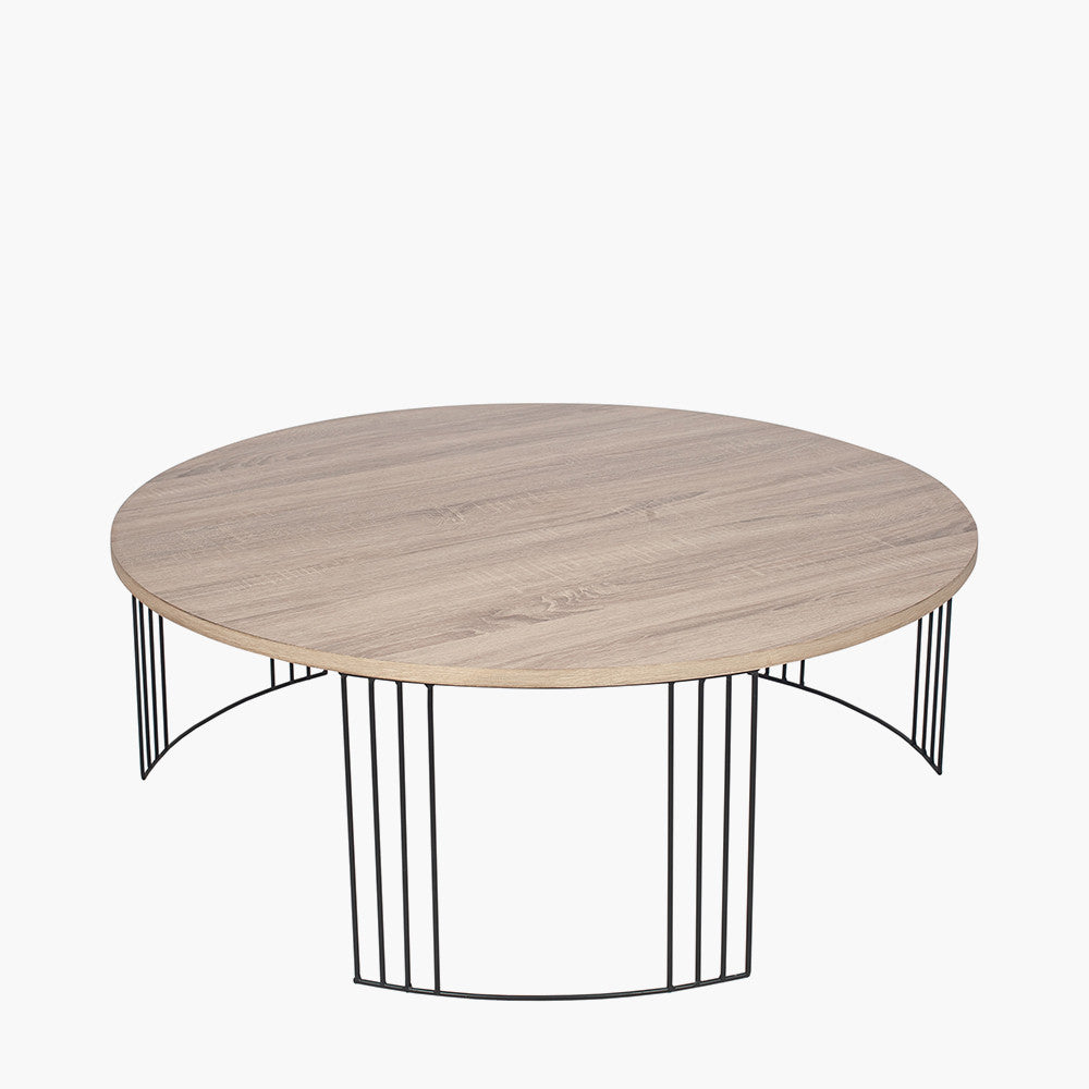 Atri Dark Oak Wood Veneer and Black Metal Coffee Table – Modern Square Statement Table