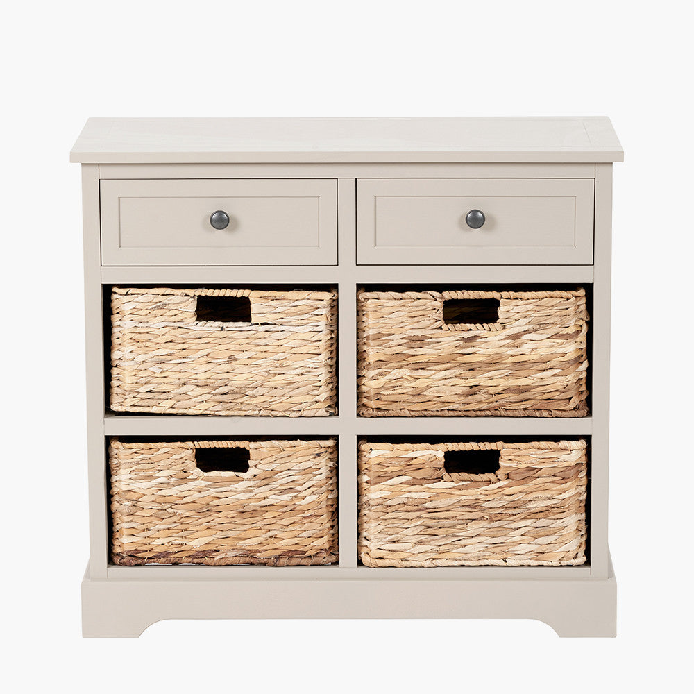 Bring both elegance and functionality to your home with this wood and woven storage unit. Featuring two wooden drawers and four handwoven banana leaf baskets.Shop online to day at www.nobleandnook.co.uk