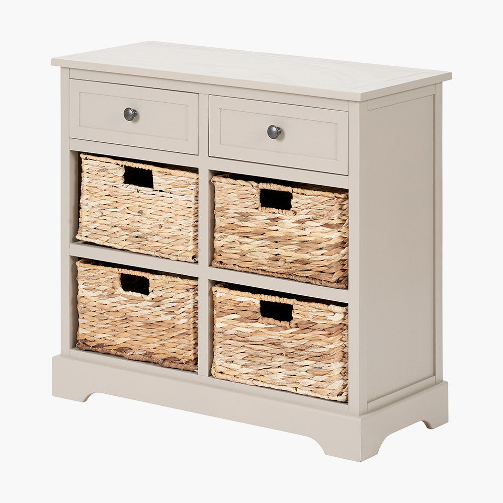 Bring both elegance and functionality to your home with this wood and woven storage unit. Featuring two wooden drawers and four handwoven banana leaf baskets.Shop online to day at www.nobleandnook.co.uk
