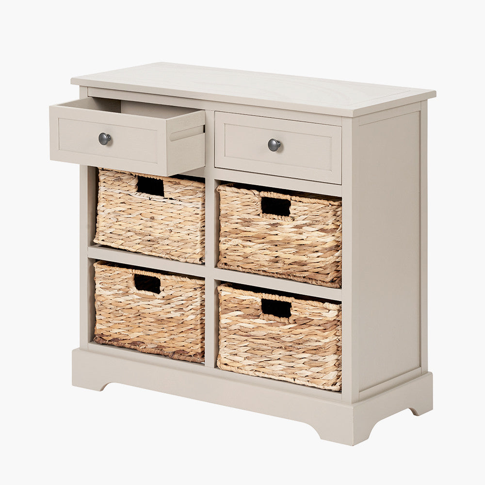 Bring both elegance and functionality to your home with this wood and woven storage unit. Featuring two wooden drawers and four handwoven banana leaf baskets.Shop online to day at www.nobleandnook.co.uk