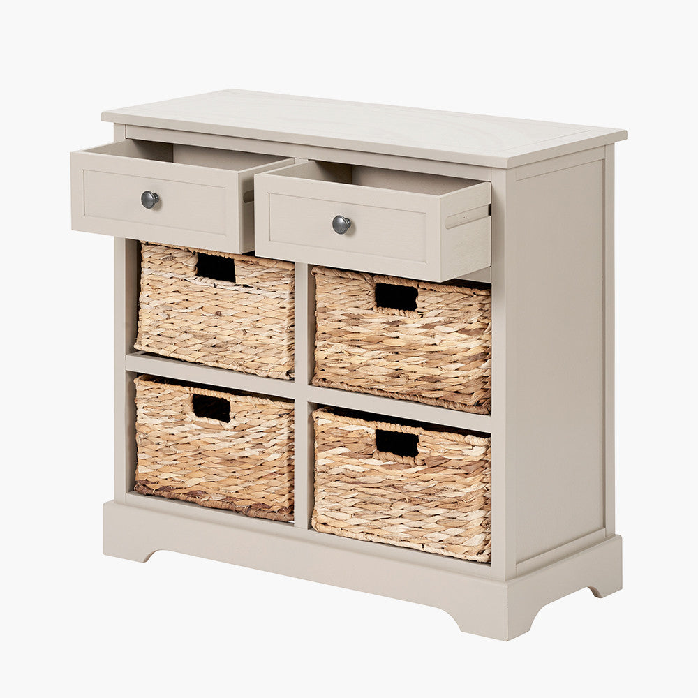 Bring both elegance and functionality to your home with this wood and woven storage unit. Featuring two wooden drawers and four handwoven banana leaf baskets.Shop online to day at www.nobleandnook.co.uk
