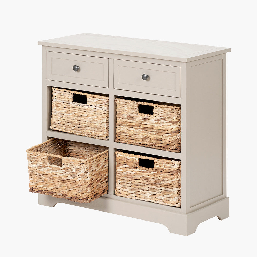 Bring both elegance and functionality to your home with this wood and woven storage unit. Featuring two wooden drawers and four handwoven banana leaf baskets.Shop online to day at www.nobleandnook.co.uk