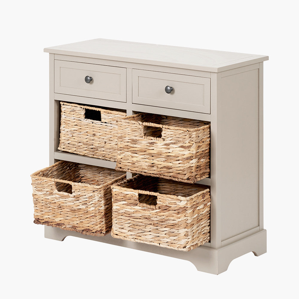 Bring both elegance and functionality to your home with this wood and woven storage unit. Featuring two wooden drawers and four handwoven banana leaf baskets.Shop online to day at www.nobleandnook.co.uk