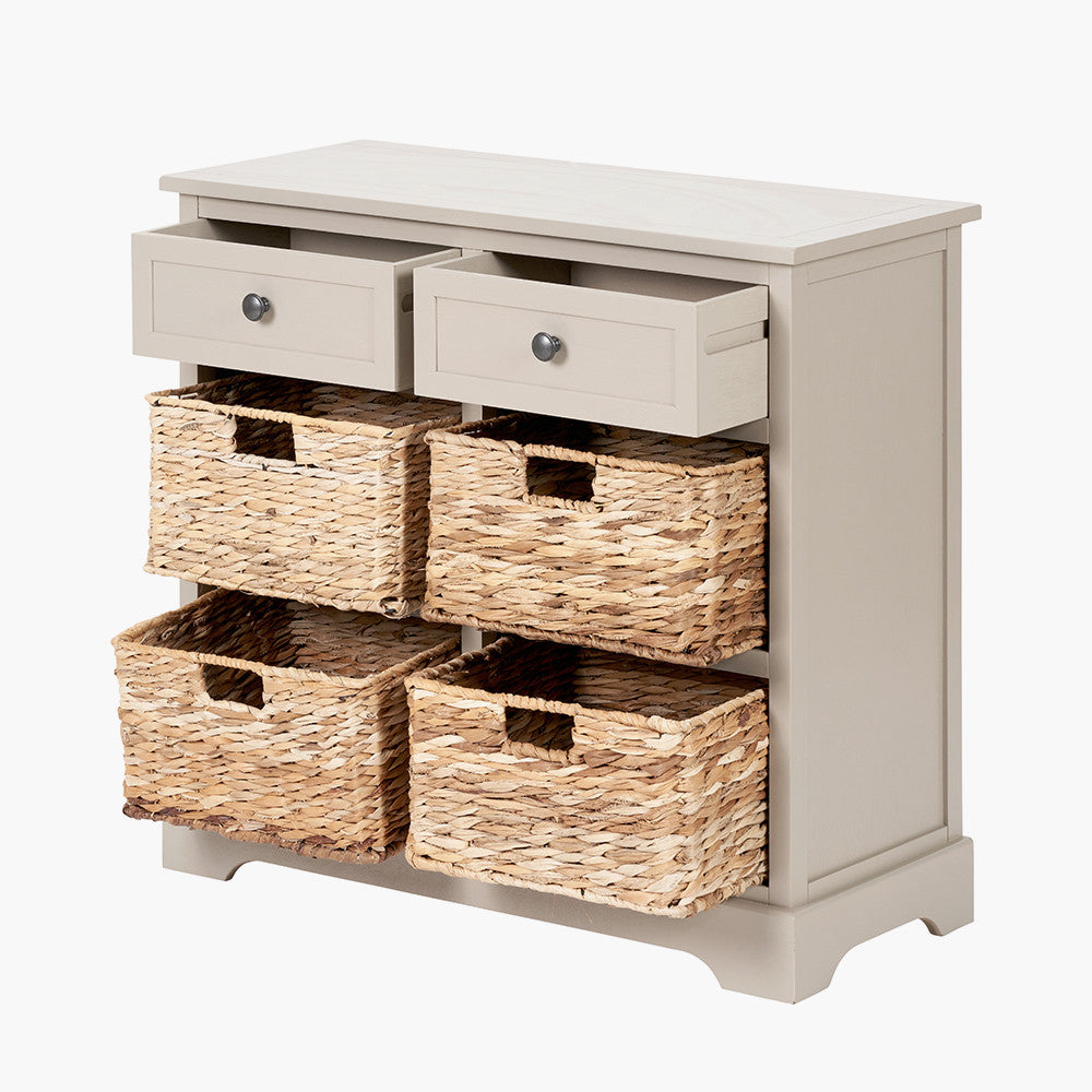Bring both elegance and functionality to your home with this wood and woven storage unit. Featuring two wooden drawers and four handwoven banana leaf baskets.Shop online to day at www.nobleandnook.co.uk