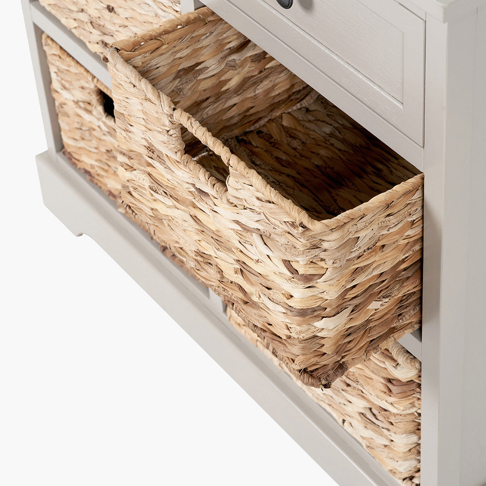 Bring both elegance and functionality to your home with this wood and woven storage unit. Featuring two wooden drawers and four handwoven banana leaf baskets.Shop online to day at www.nobleandnook.co.uk